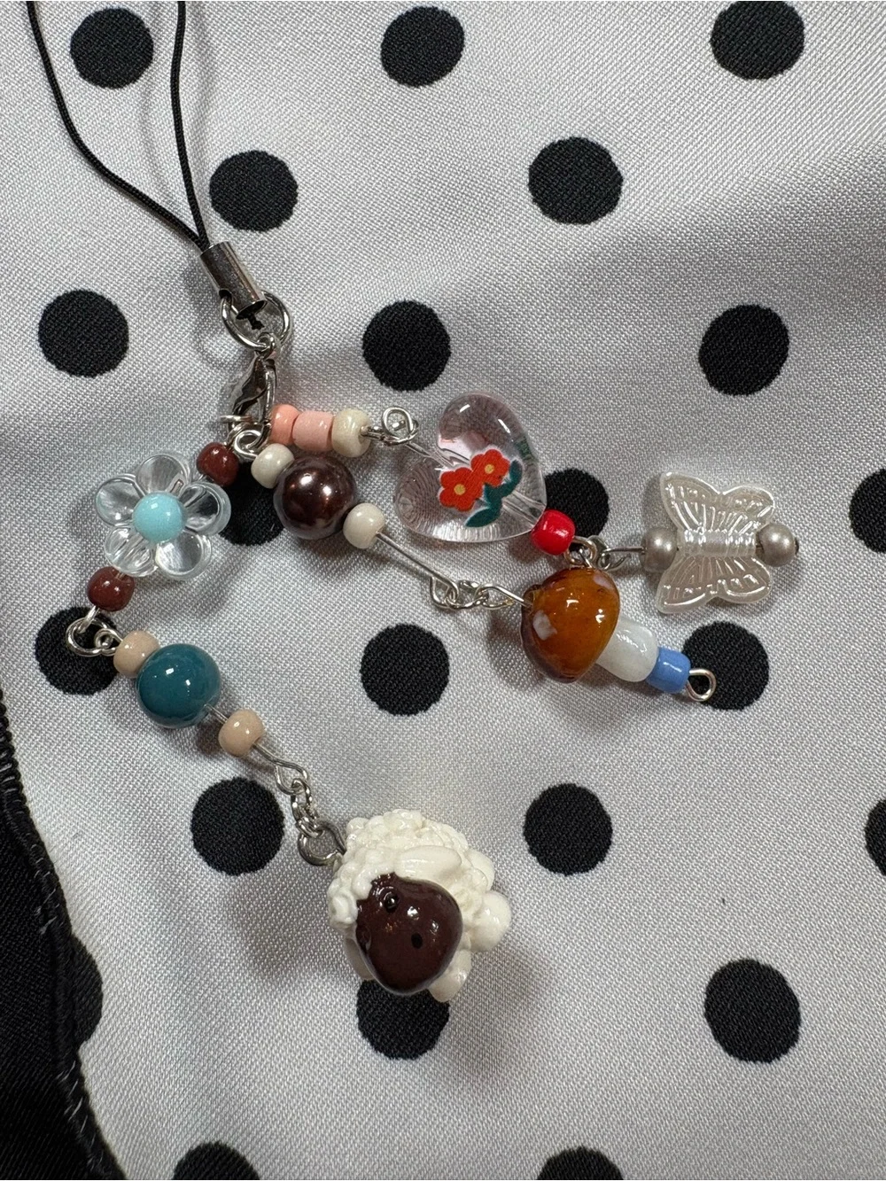 Handmade Multicolor Beaded Phone Charm with Sheep and Flower Accents